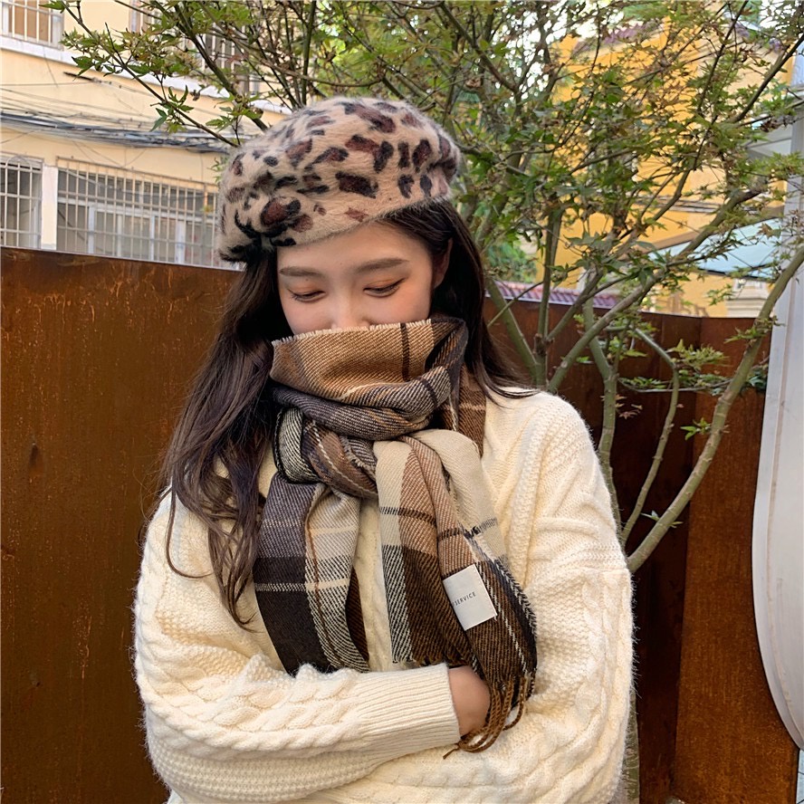 ~Rẻ nhất~ Khăn len Dongdaemun Hàn Quốc quàng cổ mùa đông ấm áp họa tiết kẻ sọc nâu tây cafe phụ kiện đôi nam nữ