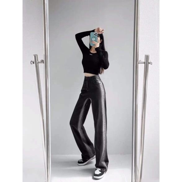 Quần bò ống rộng dài chân màu đen khói loang 2 bên TC