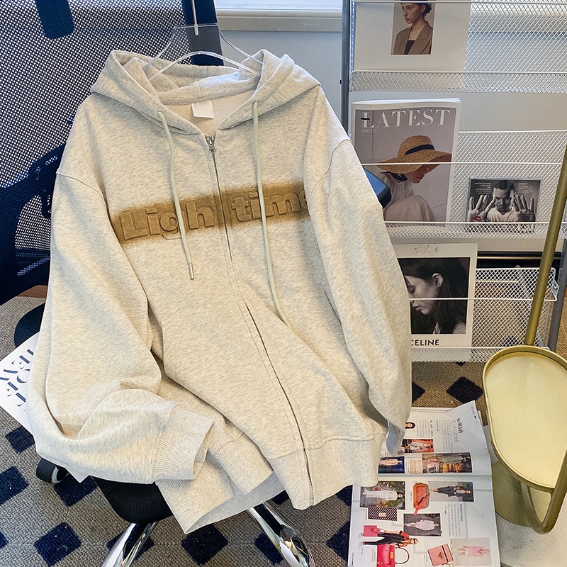 ZHELIHANGFEI Áo Khoác Cardigan Có Nón Tay Dài Dáng Rộng In Chữ Phong Cách Preppy