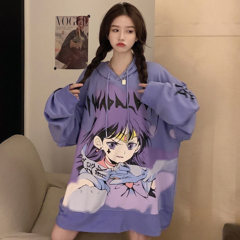 Áo Hoodie Dáng Rộng Họa Tiết Anime Phong Cách Hiphop Cá Tính Cho Nữ