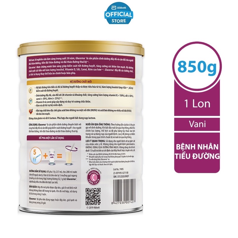 🌾🌾🌾SỮA BỘT Abbott GLUCERNA vani 850g