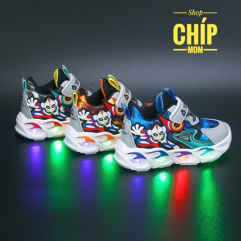 giày thể thao bé trai siêu nhân da bóng mềm có quai dán tùy chỉnh đèn led ngoài nhấp nháy  siêu nhẹ QCCC full hộp A58