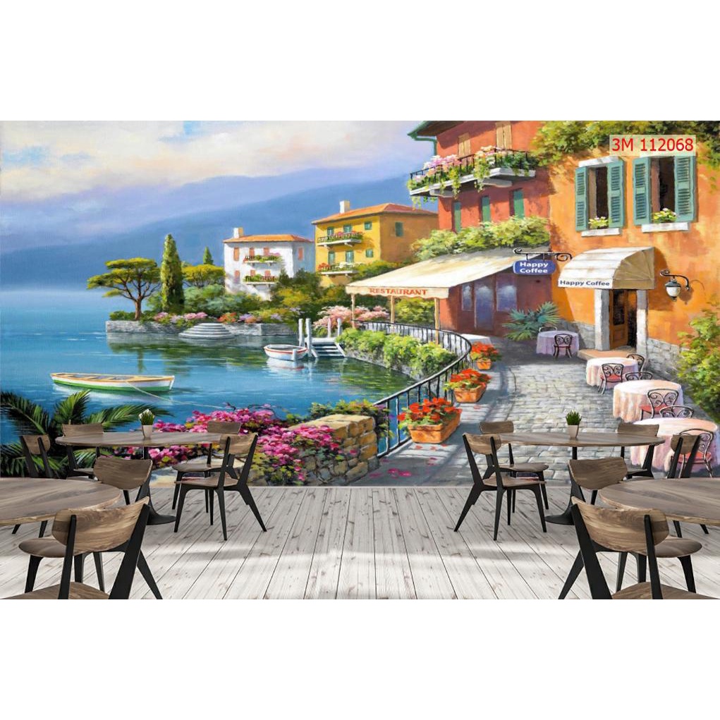 Tranh dán tường 3D trang trí quán cafe trà sữa trà chanh chất liệu decal pp keo sẵn giá rẻ đẹp 004