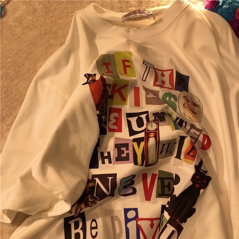Áo Thun Cotton Ngắn Tay In Chữ Sáng Tạo Thời Trang Hàn Quốc Cho Nữ