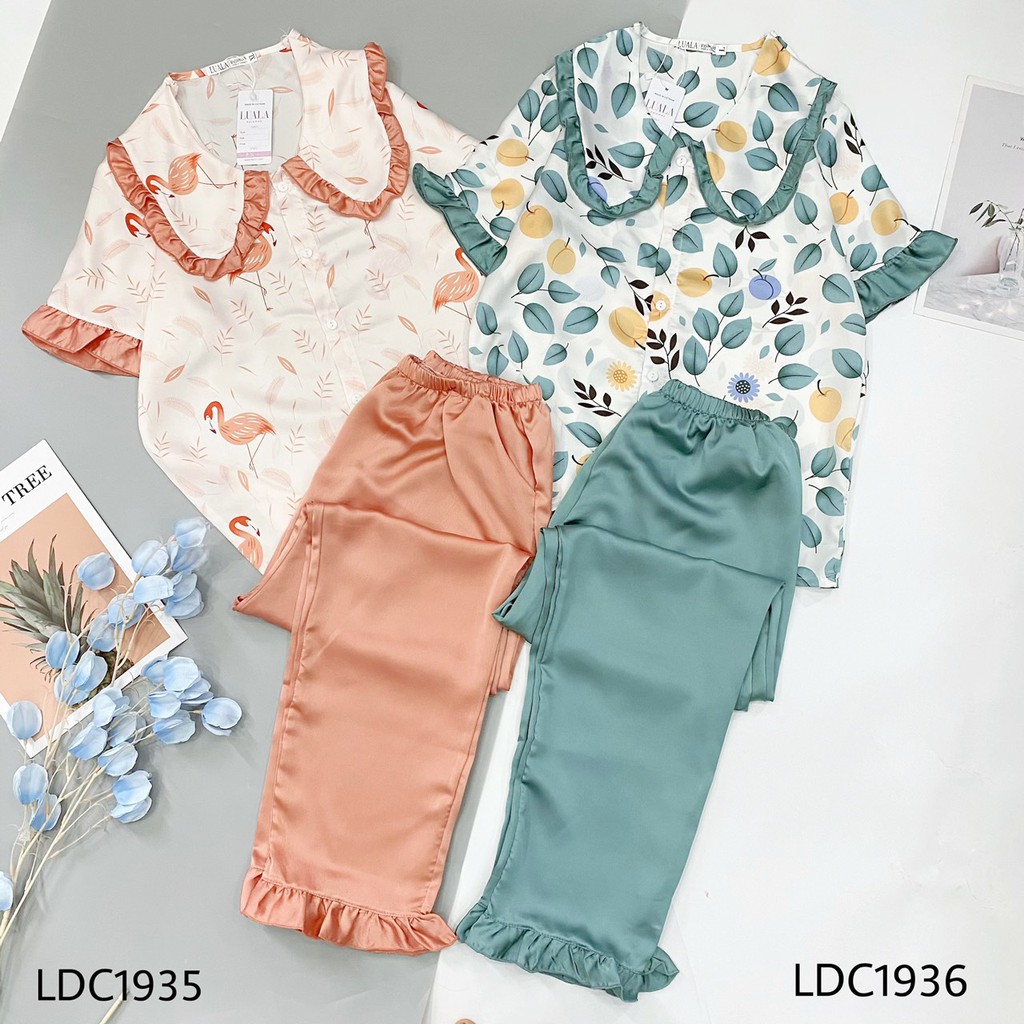Bán buôn bán sỉ đồ bộ Pijama thiết kế pijama cổ bèo hạc cam và pijama xanh lá quả cao cấp hàng thiết kế