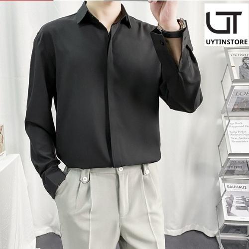 ÁO sơ mi nam cao cấp nẹp giấu cúc thanh lịch, vải cam kết lụa giày may kỹ gấp siêu sịn