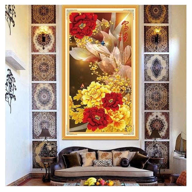 Tranh thêu chữ thập hoa mẫu đơn thêu kín 50*90cm