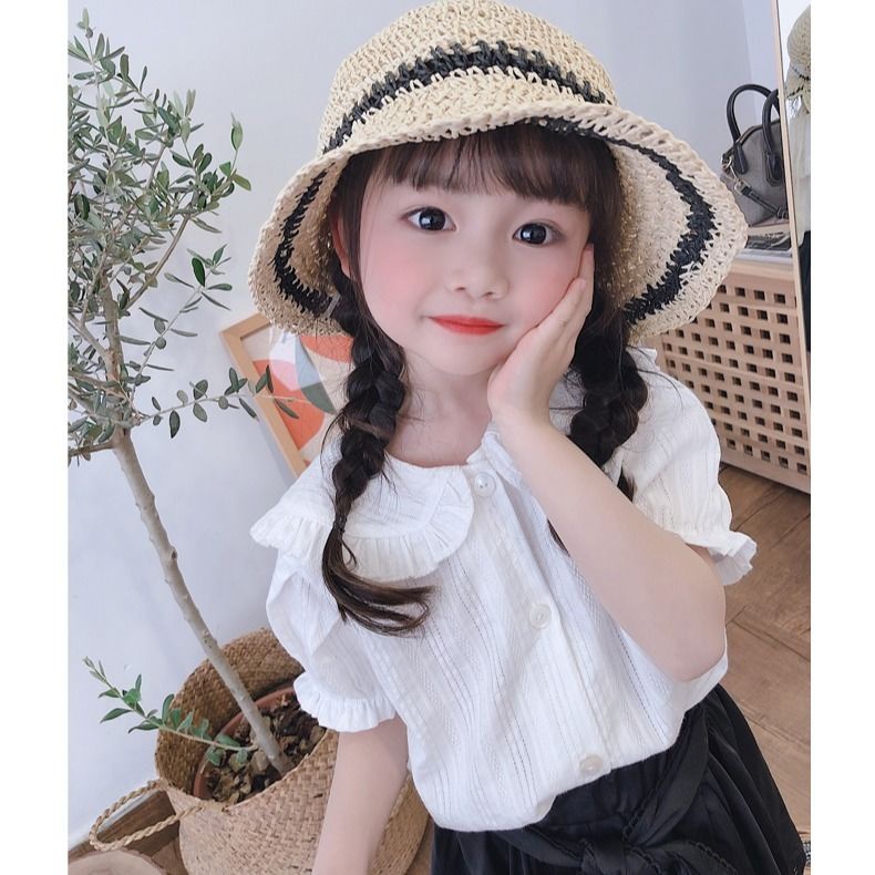 Áo sơ mi tay ngắn cổ tròn màu trắng phong cách Hàn Quốc xinh xắn cho bé gái