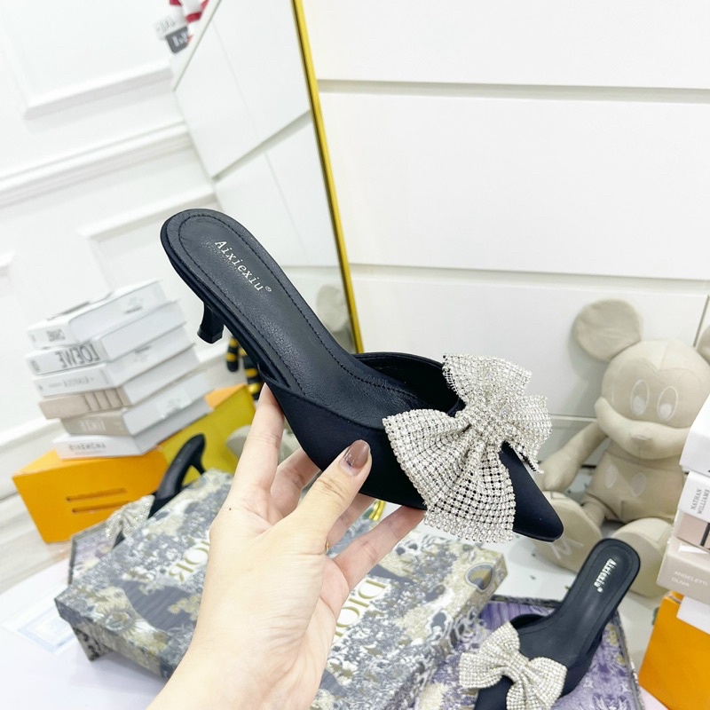 Giày sục nơ đá mũi nhọn gót nhú fullbox hàng quảng châu cao cấp