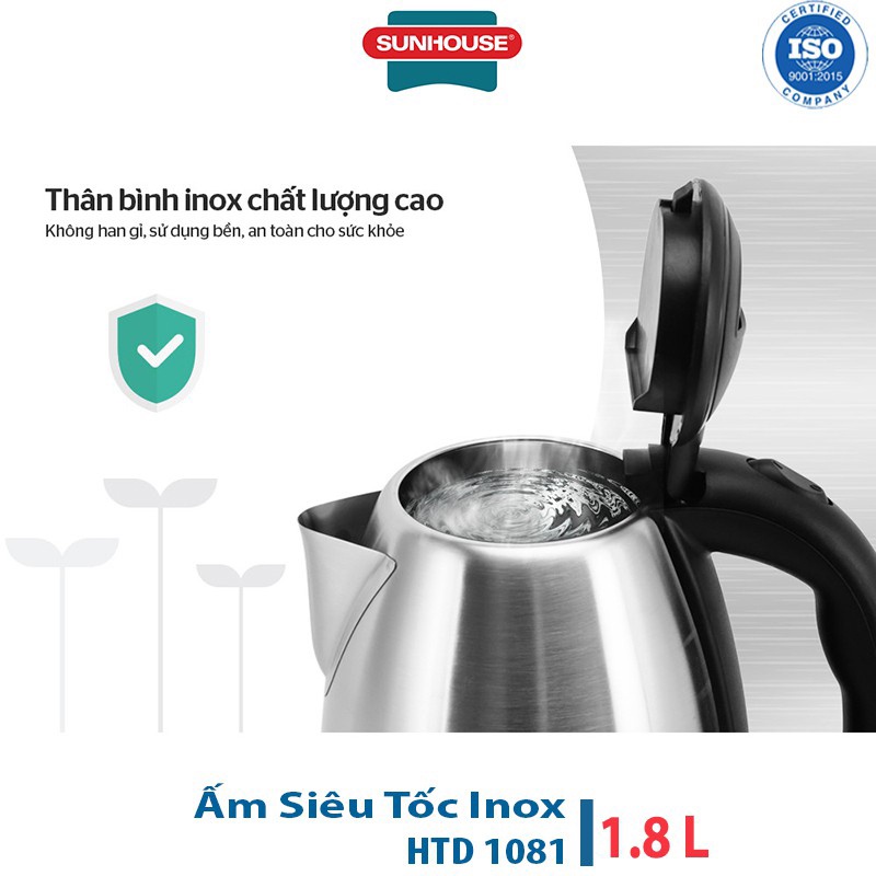 Ấm Siêu Tốc Đun Nước Inox Sunhouse Happy time HTD1081 - Dung tích 1.8L Chất Liệu Inox Cao Cấp, Bình Siêu Tốc Đun Nước