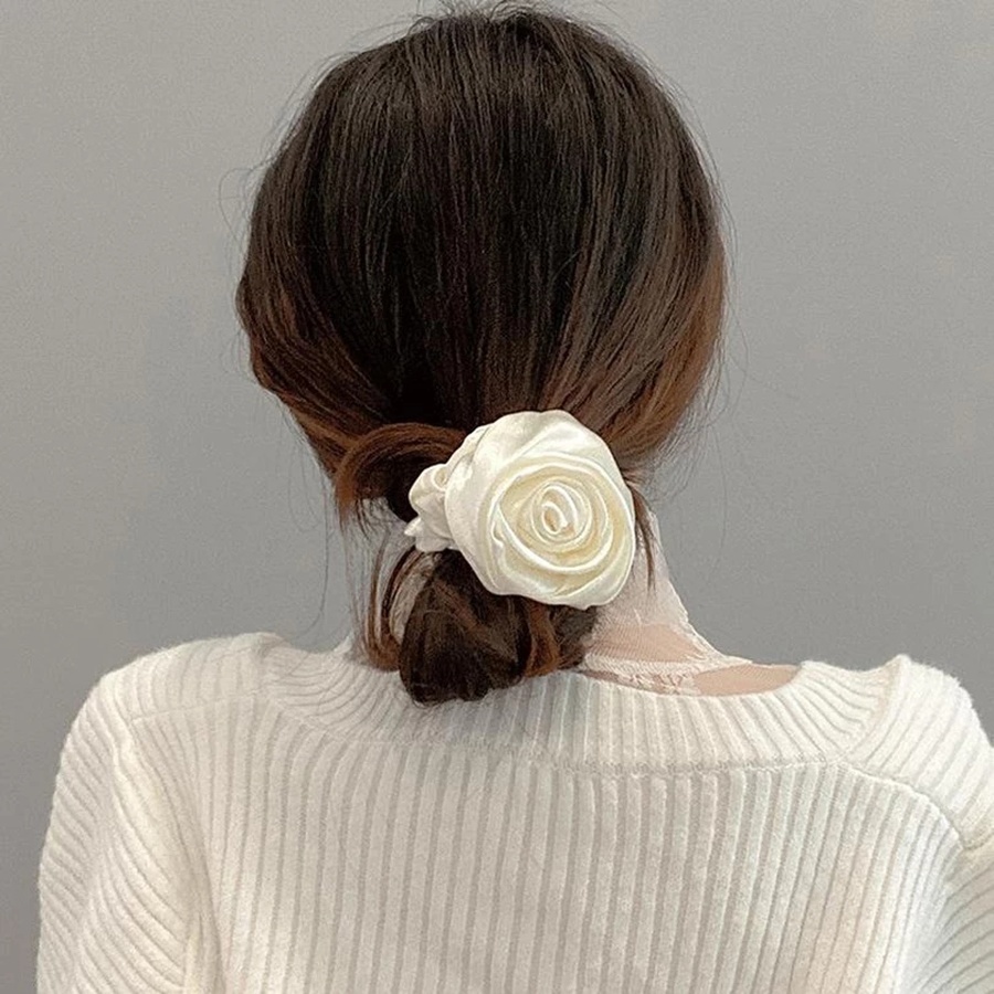 Dây buộc tóc co giãn vải satin họa tiết hoa hồng sang trọng cho nữ