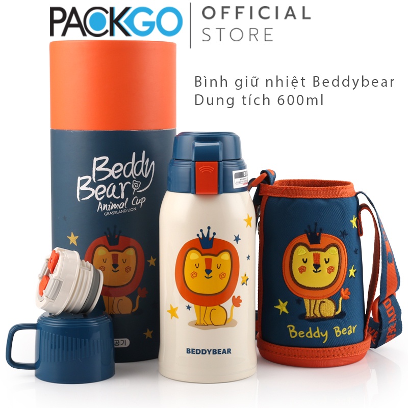 Bình giữ nhiệt cho Bé BeddyBear Chính hãng 100% - Dung tích 600 ml - 2 Nắp thay thế - Hình Sư Tử xinh xắn