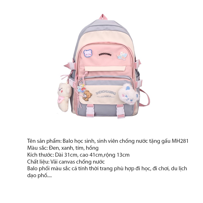 Balo ulzzang đi học học sinh, sinh viên Hàn Quốc cao cấp chống nước tặng kèm móc gấu MH281
