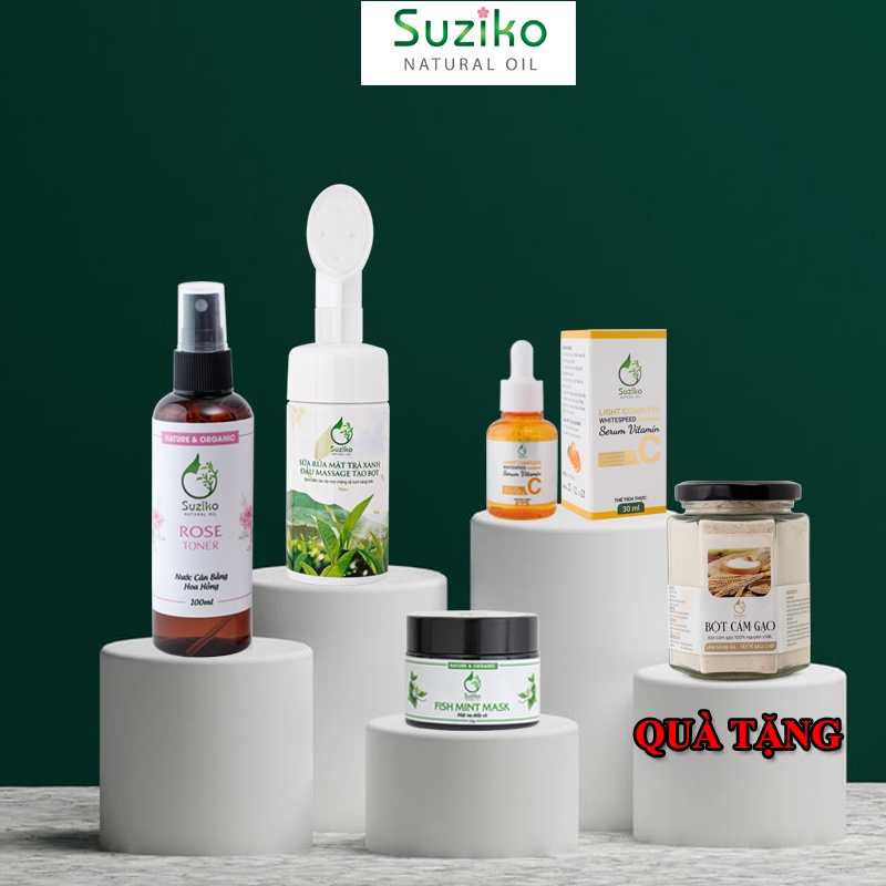 Bộ skincare cho da dầu mụn SUZIKO, chăm sóc dưỡng da hoa hồng, sữa rửa mặt hoa cúc, serum vitamin c, mặt nạ diếp cá