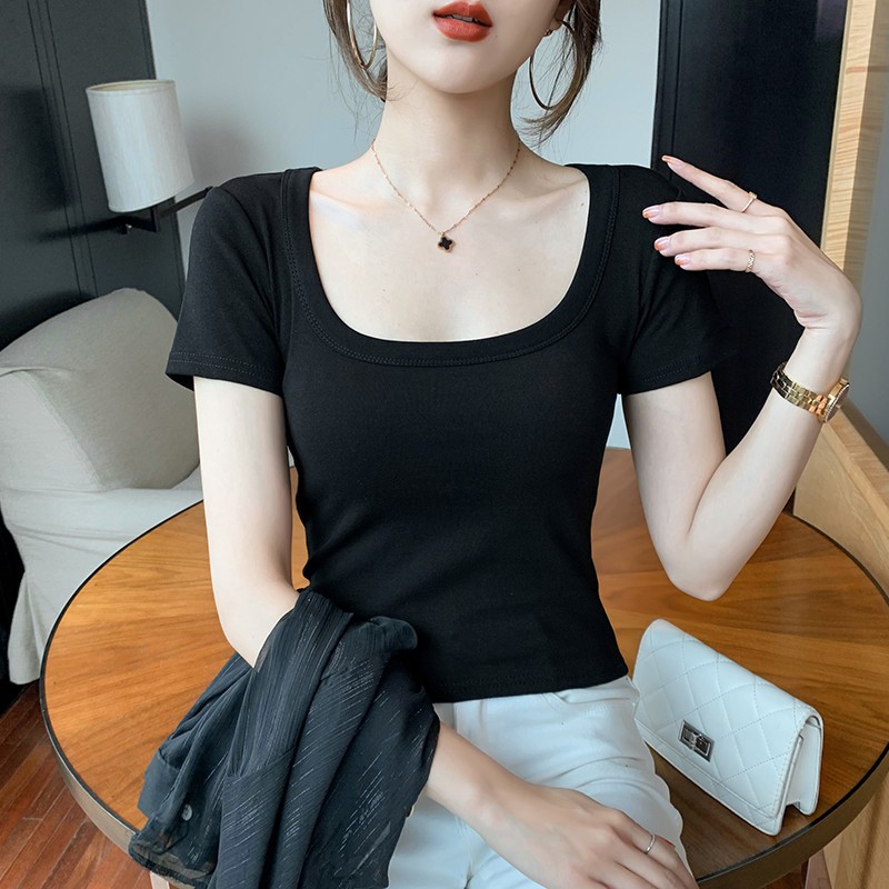 Áo thun croptop nữ cổ vuông Madela 100% Cotton ôm body tay ngắn kiểu Croptop, áo thun nữ cổ vuông tay ngắn dáng ôm- AT01