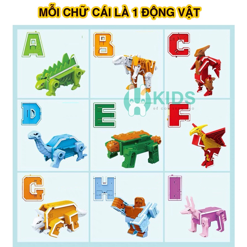 Đồ chơi 26 chữ cái A-Z biến hình thành động vật, lắp ghép robot thông minh trí tuệ cho bé trai, bé gái