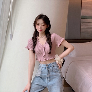 [Women] Croptop knitted short sleeves, V-neck, solid color, Korean version