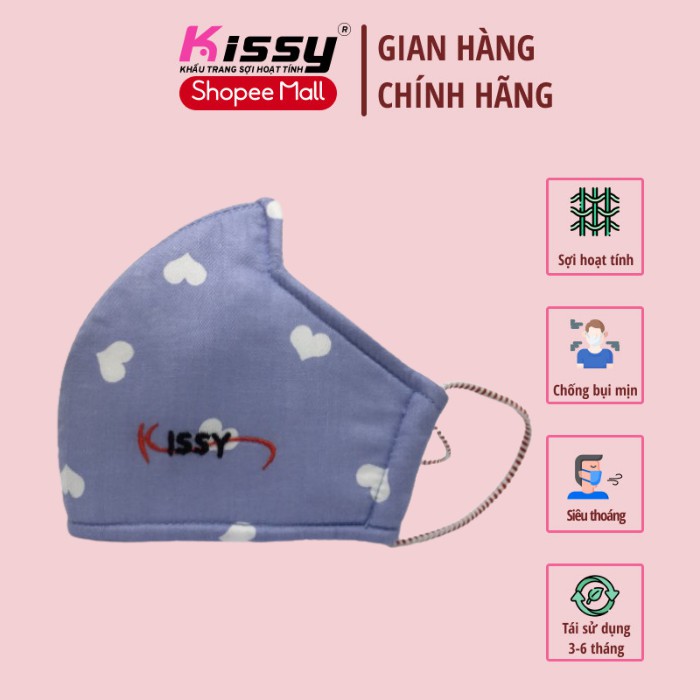 Khẩu Trang Vải 3 Lớp Kissy Người Lớn Size M Cho Nữ Họa Tiết Trái Tim Trắng Nền Xanh Chống Nắng Và Chống Bụi Mịn Hiệu Quả