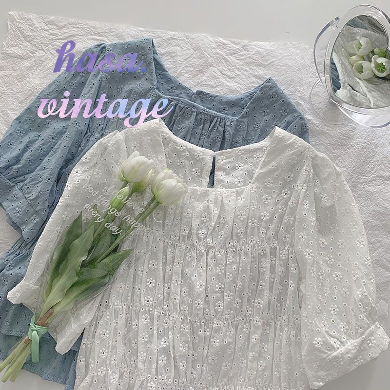 🌿 Áo xô kiểu ren hoa đục lỗ cổ vuông tay ngắn ulzzang 🔥