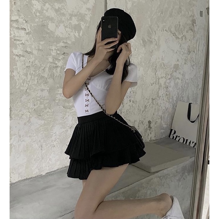 chân váy 2 tầng xếp ly hàng loại 1 hàng nhập QC - hình thật