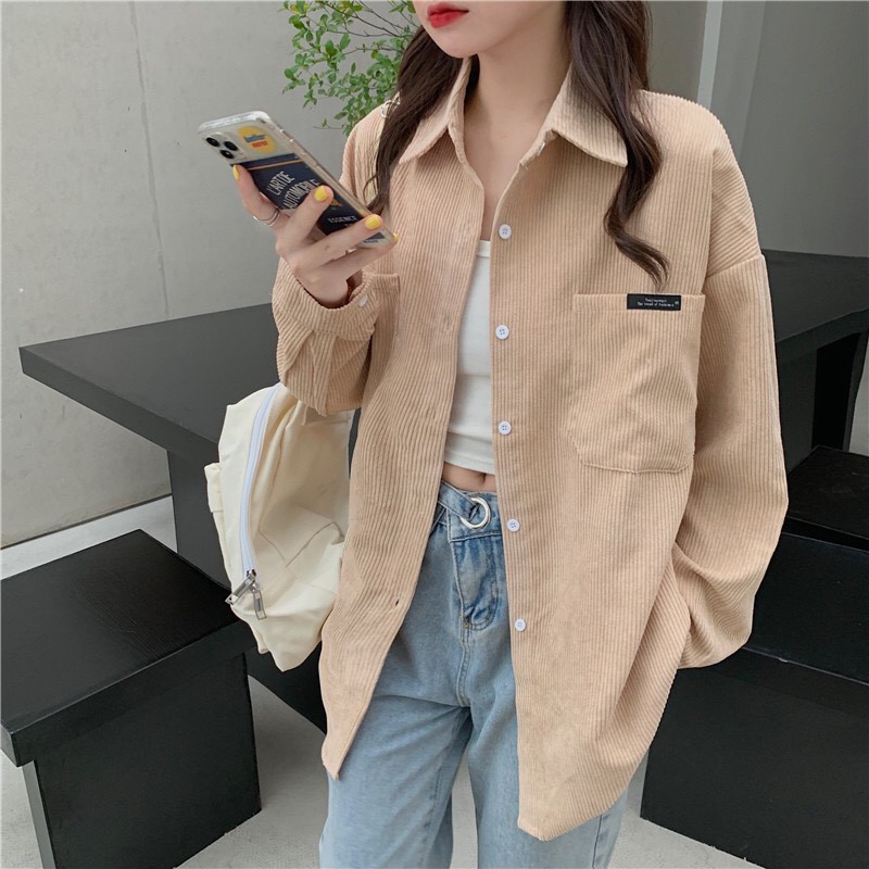 Áo Sơ Mi Nhung Gân Ulzzang Hàn Quốc Dáng Form Rộng Unisex Nam Nữ Ulzzang