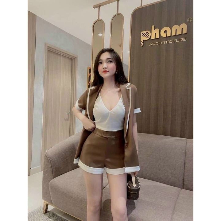 Sét bộ vét nữ 3 món áo khoác vét tay ngắn, áo bra trong kèm quần đùi trẻ trung
