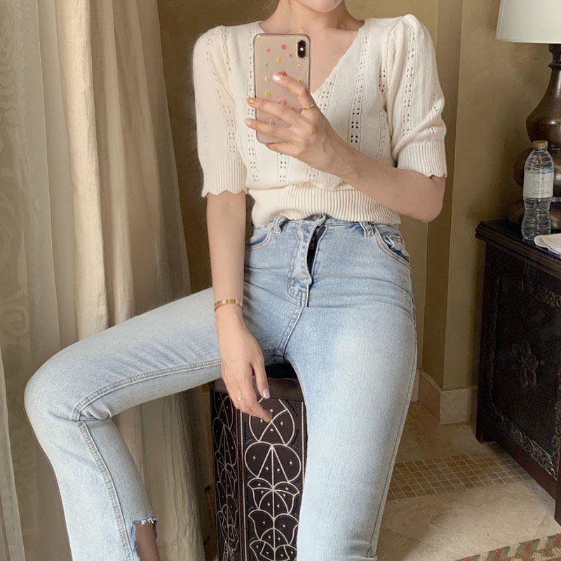 Áo dệt kim ngắn tay cổ chữ v thời trang mùa hè cho nữ