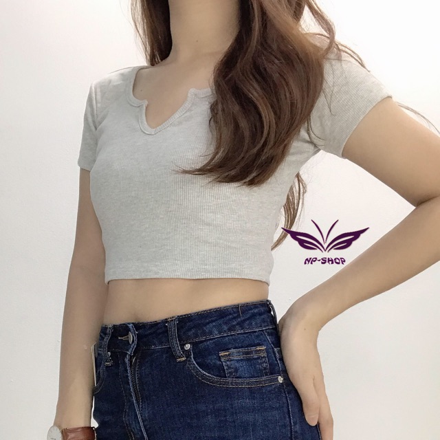 Áo croptop nữ chất thun gân cổ chữ v, áo ôm ngắn trên rốn NPAO012