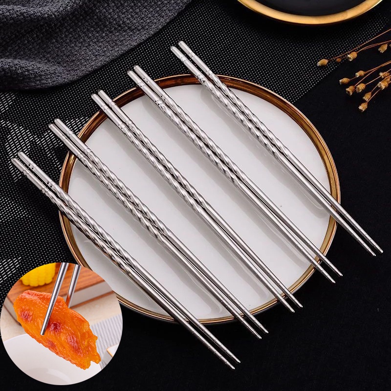 Bộ 5 đôi đũa xoắn ốc bằng thép không gỉ chống trượt tiện lợi dành cho người lớn dùng trong nhà bếp