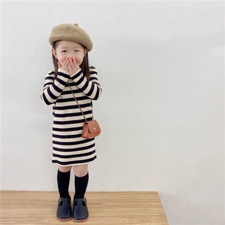 Váy đầm body len gân kẻ ngang cho bé gái