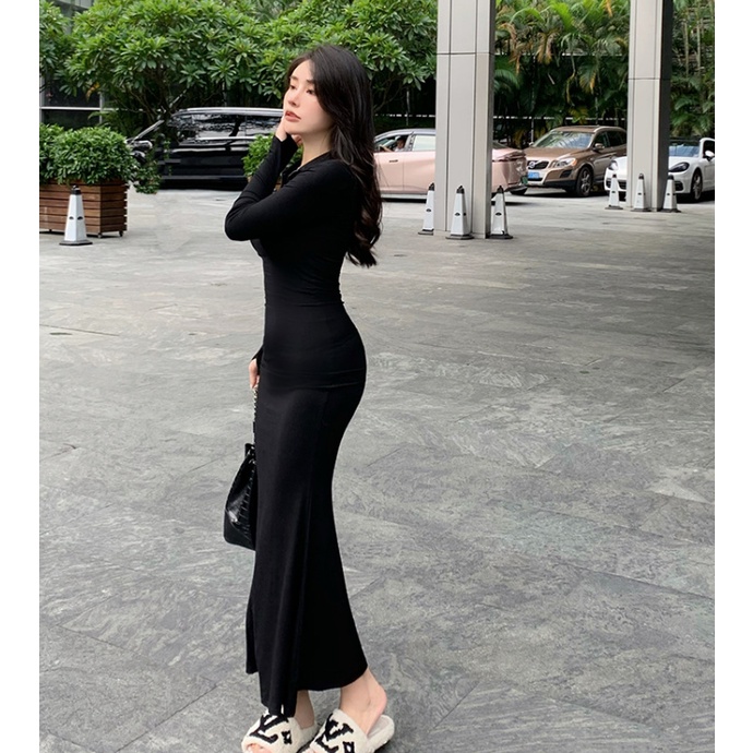 Sẵn - Đầm Váy Len Body DL2 2 Màu Xám Đen Dáng Ôm Đuôi Cá Sang Chảnh Chất Hàng Quảng Châu 2022