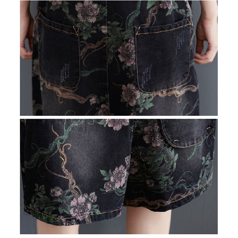 Quần Yếm Denim Dáng Rộng Phối Túi In Họa Tiết Thời Trang Cho Nữ