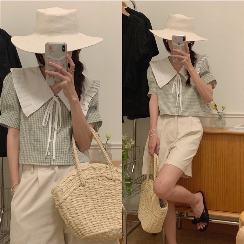 Áo Sơ Mi Ngắn Tay Thắt Dây Cổ Bẻ Phong Cách Pháp 52075