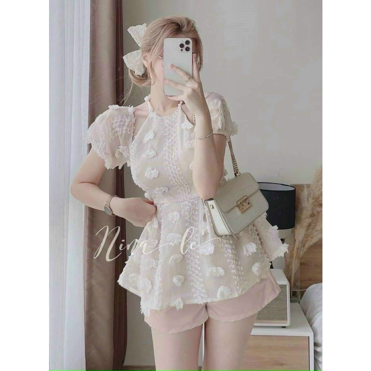 Set bộ nữ , set bộ kiểu , set bộ áo kiểu yếm chất vải bông 2 lớp tay bồng kiểu tiểu thư mix quần đùi mặc rất dễ thương