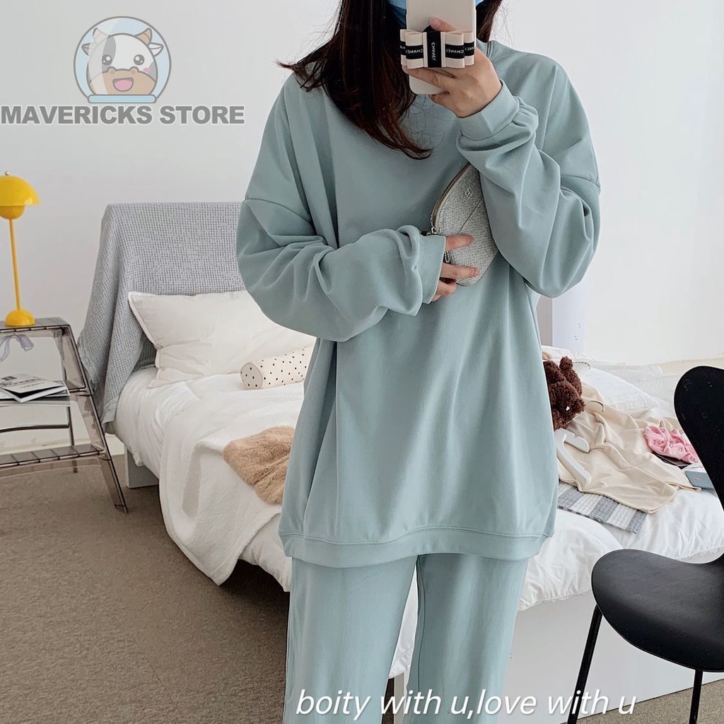 Bộ Trang Phục Hai Mảnh Gồm Áo Thun cotton Tay Dài Cổ Tròn Dáng Rộng Thời Trang Hàn Quốc Cho Nữ