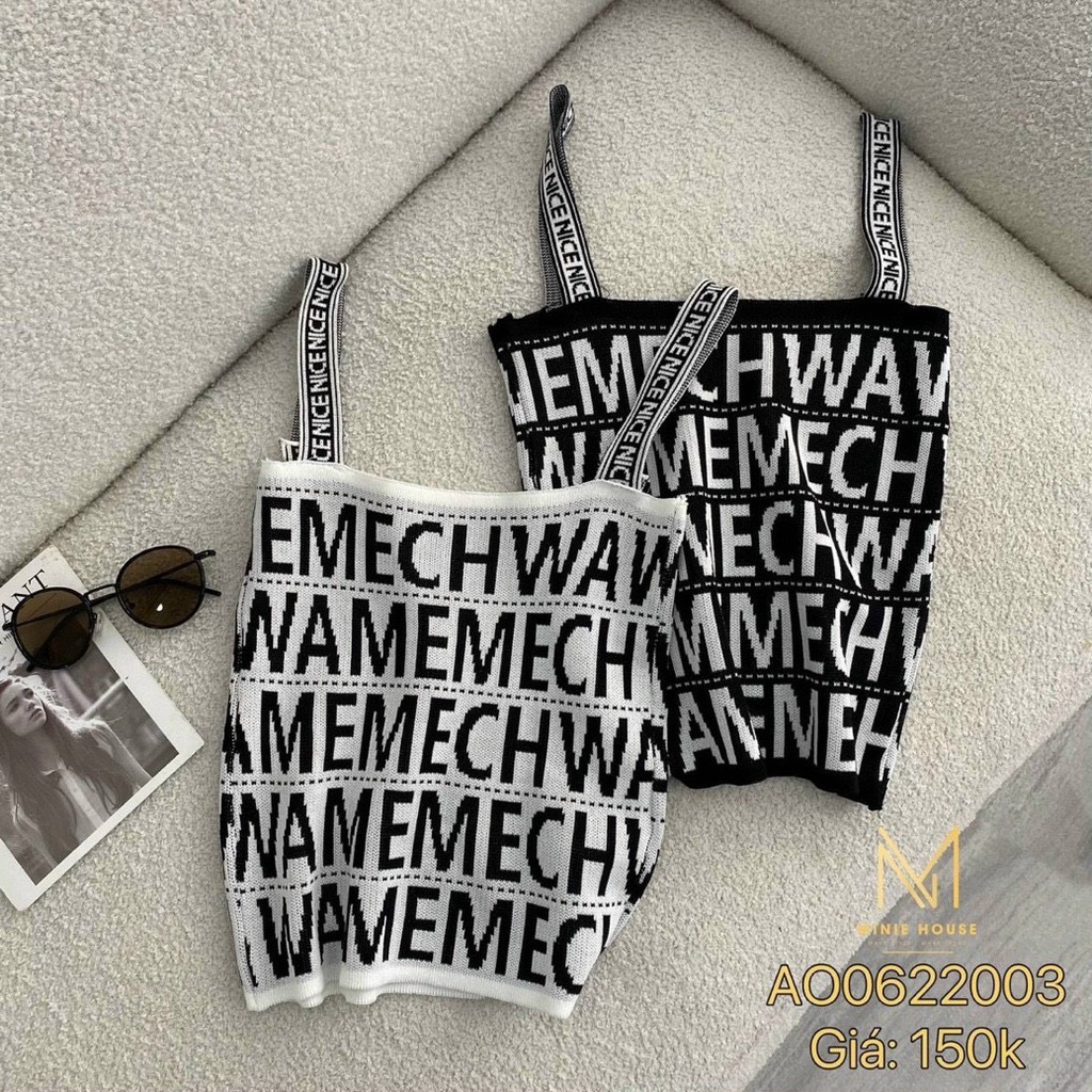 Áo quảng châu kiểu 2 dây vuông croptop in chữ toàn thân áo cực xinh , chất thun len mềm mịn ly