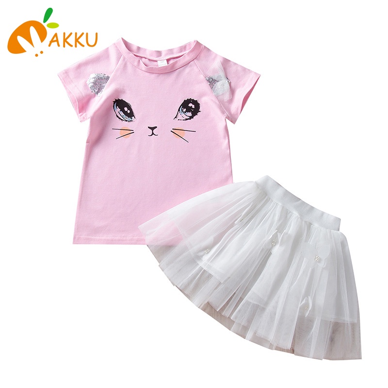 Set Áo Thun Tay Ngắn In Hình Hoạt Hình &amp; Chân Váy Lưới Cho Bé Gái