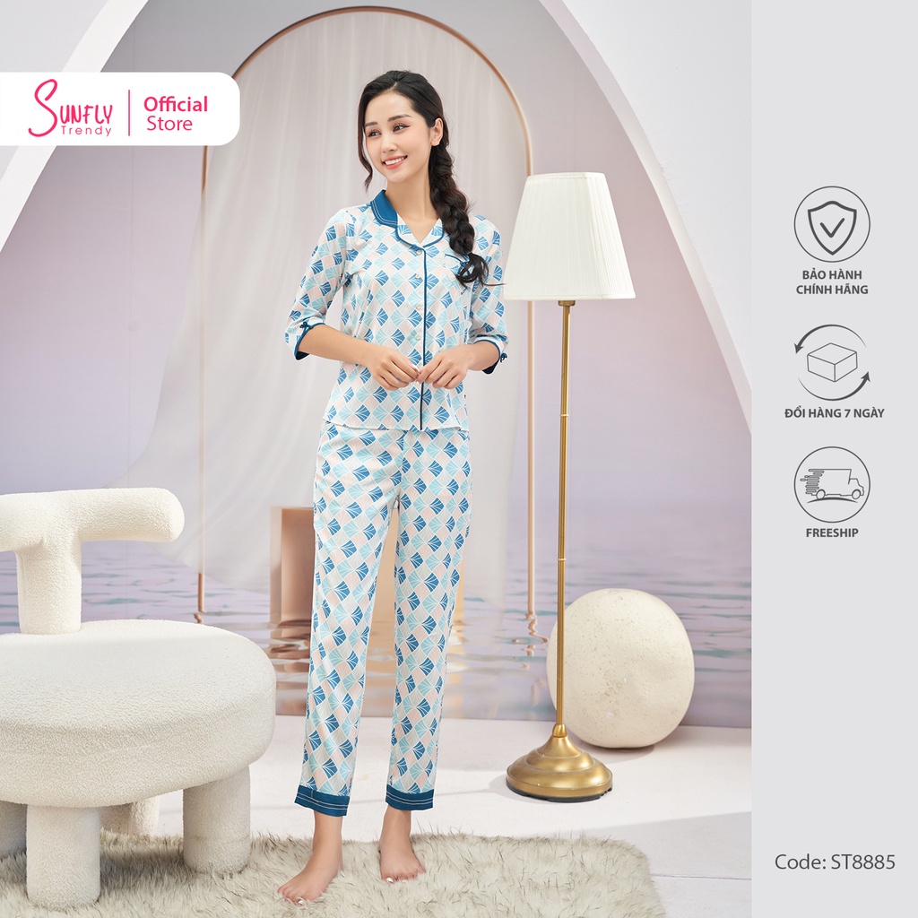 Bộ Đồ Mặc Nhà Nữ Pijamas Lụa Sunfly Áo Tay Lỡ Quần Dài St8885