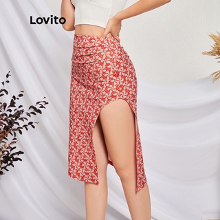 26deChân váy Lovito L14E013 in họa tiết hoa màu đỏ xẻ tà xếp nếp