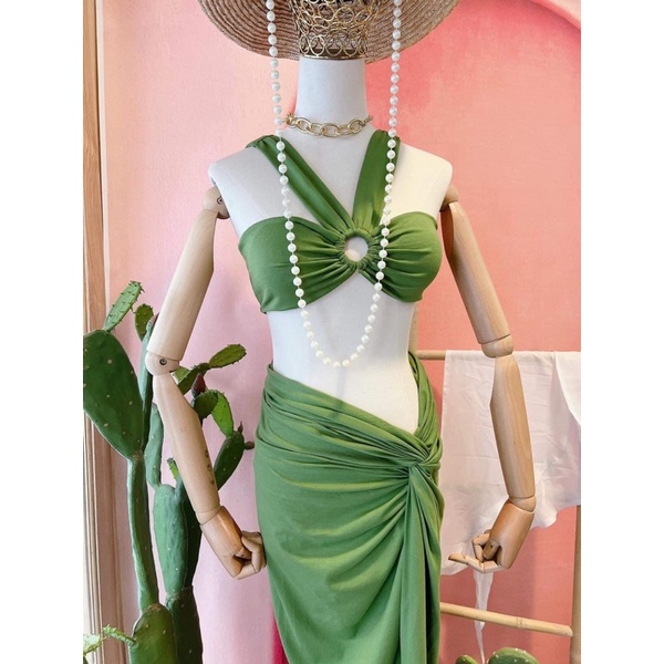 Set Bikini Đồ Bơi 3 Món Hồ Ngọc Hà Áo Khoen Tròn Váy Xoắn Eo Xanh Rêu Va Đen GK0321 (Ảnh Video, Màu Thật)