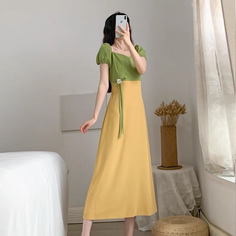 Đầm Tay Phồng Dáng Dài Chiết Eo Kiểu Vintage Hàn Quốc Dễ Thương Cho Nữ