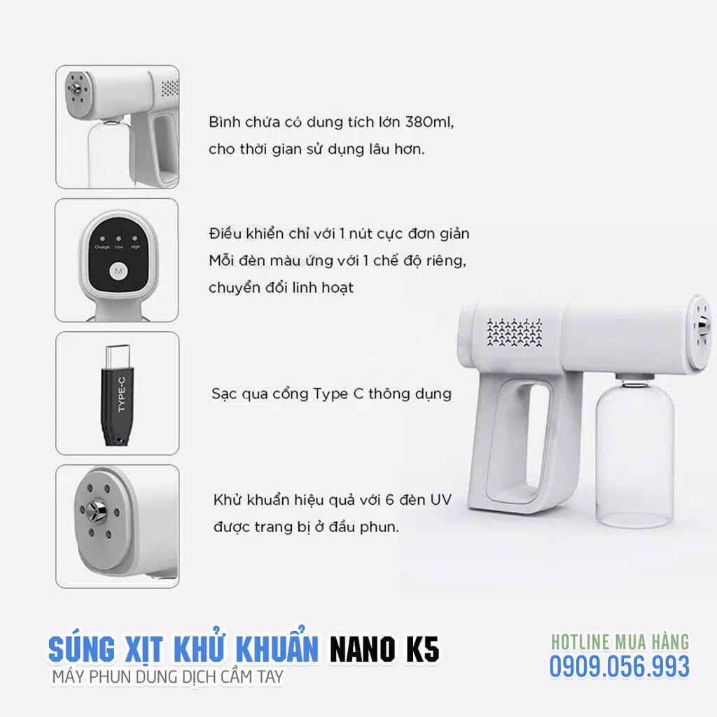 Máy Xịt Khử Khuẩn,Công xuất lớn,Máy xịt khử khuẩn K5 PRO khử trùng công nghệ Nano 8 tia UV khử khuẩn Nano thế hệ mới