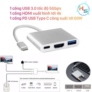 Hub type c 3in1 - cổng chuyển đổi hub usb type-c to hdmi, usb 3.0, pd type-c cho laptop macbook, điện thoại, samsung dex
