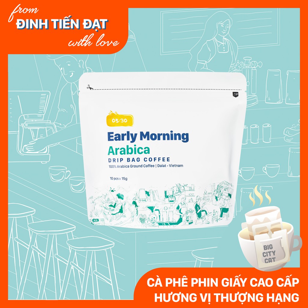 Coffee phin giấy arabica nguyên chất rang xay EARLY MORNING, cà phê phin túi lọc túi 10 gói