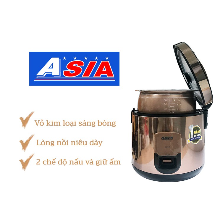 Nồi cơm điện Asia 1.8L Thân nồi được làm từ kim loại sáng bóng, dễ lau chùi