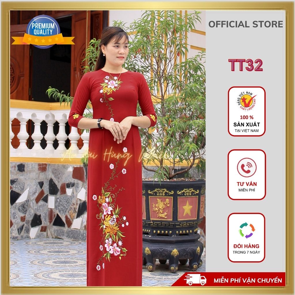 Áo dài Tằm thêu nữ may sẵn thiết kế đẹp, sang trọng, màu đỏ