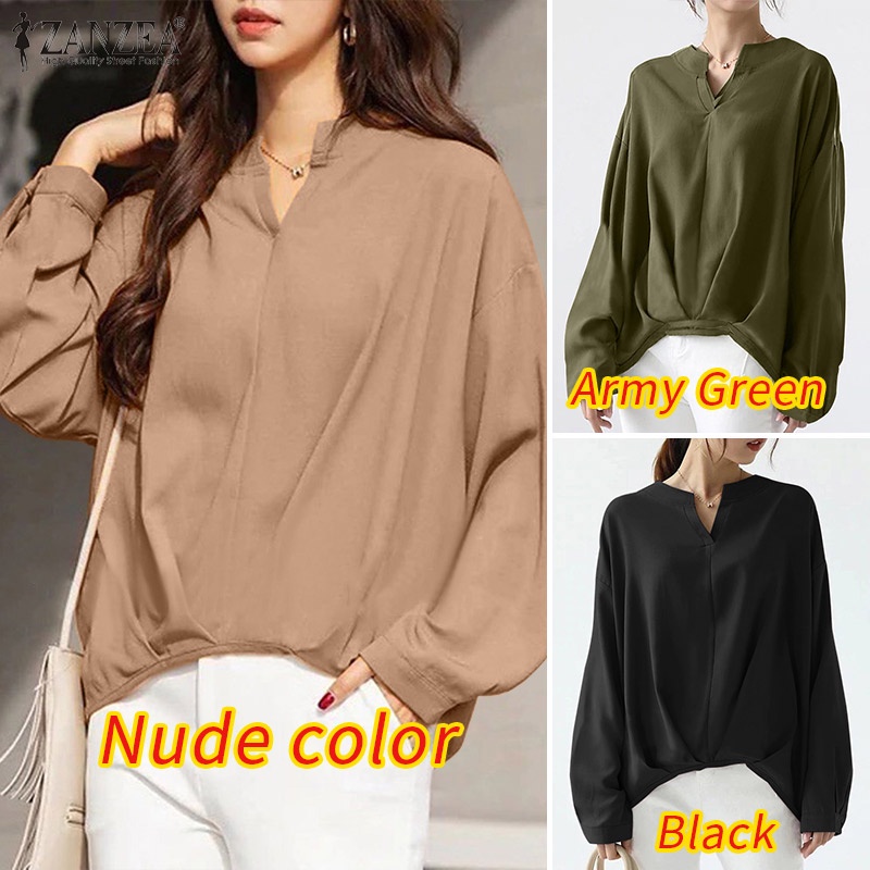 Áo kiểu nữ Zanzea tay dài cổ chữ V phong cách Hàn Quốc