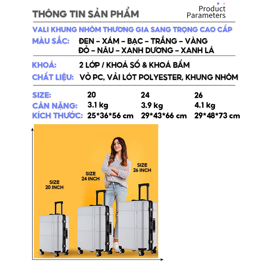 Vali khung nhôm cao cấp thời trang mẫu thương gia du lịch bánh xe xoay 360 độ khoá sập TSA mật khẩu 3 đơn vị số L075