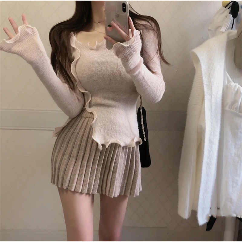 áo thun tay dài chất liệu lông ngựa và chân váy xếp ly cỡ nhỏ màu trơn ngọt ngào dành cho nữ