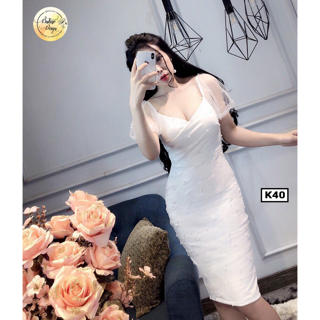 Váy đầm body K40 Trắng phối ren 2 lớp BUTINO SHOP thời trang nữ hàng thiết kế Cao Cấp - 4 màu